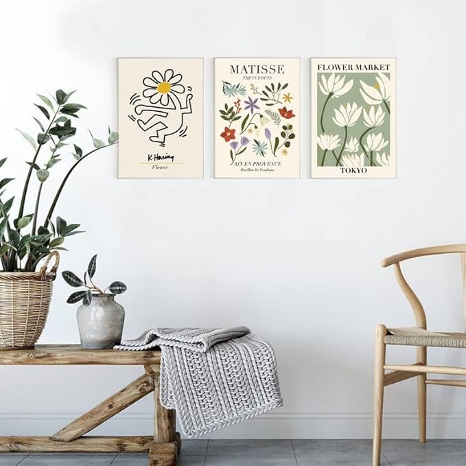 Abstract Matisse Wall Art Decor,Unframed Flower Market Print Posters Set of 3,12x16in Green Quality Canvas Paintings for Home Decoration in Bathroom,Living Room,Bedroom