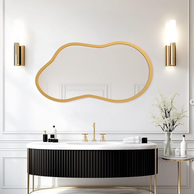 AAZZKANG Large Wall Mirror with Wood Framed 26"x16" Gold Irregular Hanging Mirrors Asymmetrical for Bathroom Bedroom Living Room Entryway