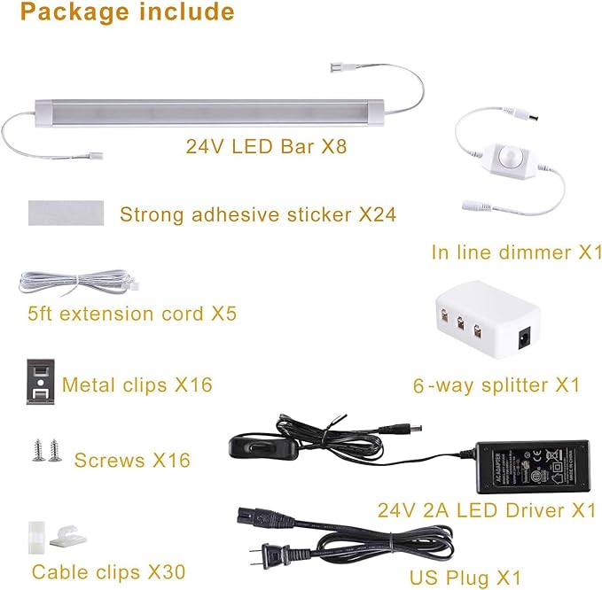 LABOREDUCER Under Cabinet Lighting Wired Plug in or Hardwired Cold White 6000K, 8 Pack 11inch Linkable Dimmable LED Under Cabinet Lights with Power Adapter,24V Under Counter Lights for Kitchen