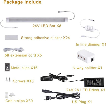 LABOREDUCER Under Cabinet Lighting Wired Plug in or Hardwired Cold White 6000K, 8 Pack 11inch Linkable Dimmable LED Under Cabinet Lights with Power Adapter,24V Under Counter Lights for Kitchen