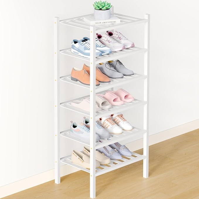 Smiry Bamboo Shoe Rack for Closet, 6 Tier Small Wooden Stackable Shoe Organizer, Free Standing Shoes Storage Shelf for Entryway, Front Door Entrance, White