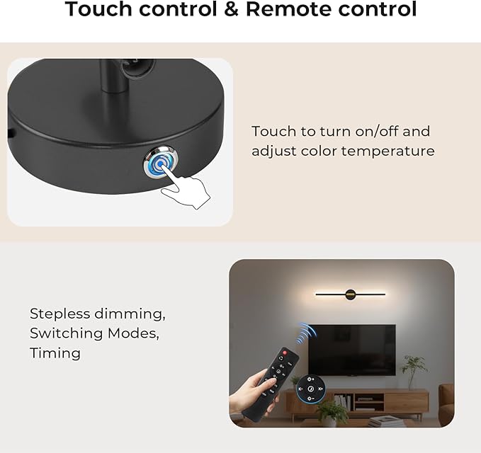 28" Battery Operated Wall Sconce, 360°Rotation Wireless Rechargeable Wall Lights with Remote Control, 3000K-6500K LED Detachable Wall Lamp for Bedroom, Hallway, Background Wall, Black Gold