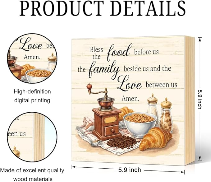 Bless The Food Before Us The Family Beside Us And The Love Between Us Wood Block Plaque Box Sign for Home Living Room Coffee House Bar Shelf Table Office Decoration, Bible Verse Home Decor