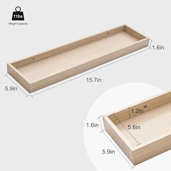 Floating Shelves for Wall, 15.7 Inch Picture Ledge with Raised Lip, Bathroom Shelves Over Toilet, Nursery Book Shelves, Kitchen Spice Rack, Wall Decor Display Ledge, Set of 2, Oak