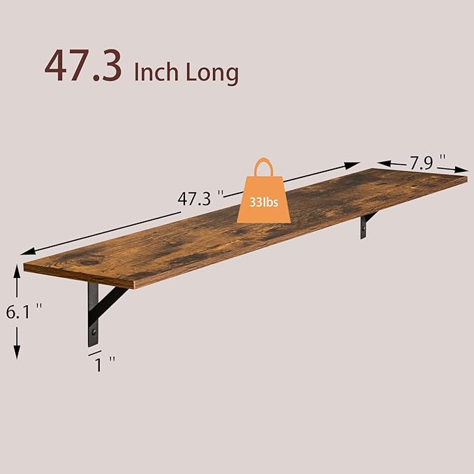 DINZI LVJ Long Wall Shelves, Set of 4, 47.3Inch Wall Mounted Shelves, Extra Large Storage Ledges with Sturdy Metal Brackets for Living Room, Bathroom, Bedroom, Kitchen, Rustic Brown