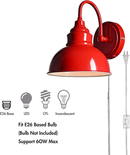 Modern Red Wall Sconce Plug-in or Hardwired Gooseneck Wall Light with On-Off Switch for Bar Bedroom Living Room Dining Room