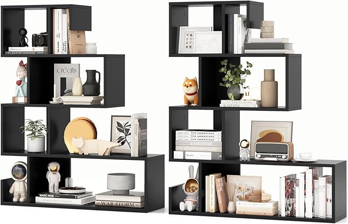 Giantex 5-Tier S-Shaped Bookshelf of 2, Geometric Bookcase w/Open Cubes, Modern Decorative Display Shelf w/Anti-Toppling Kits, Freestanding Storage Rack for Living Room, Study, Home, Office