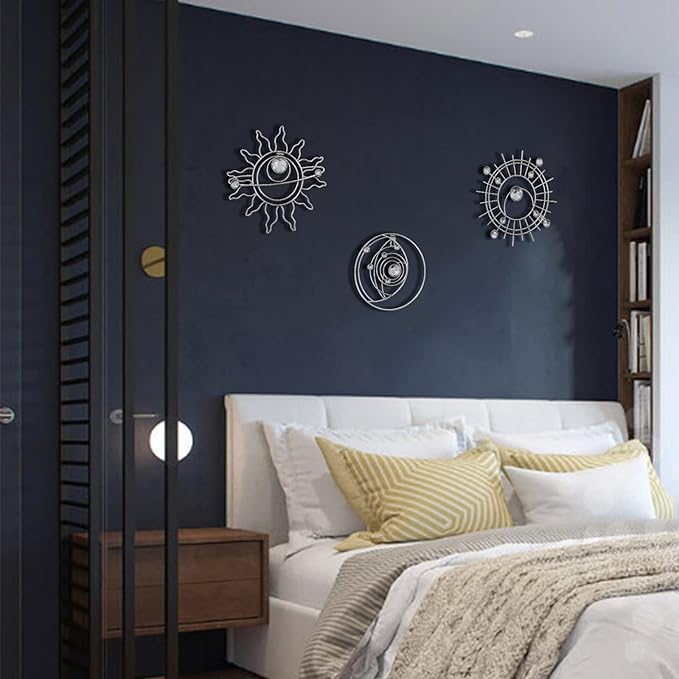 Silver Metal Wall Art, Abstract Sun Moon Star Decor, Modern Line Art Valentine Decorations, Mystical Star Circle Planet Handmade Wall Valentine Decor for Living Room Kitchen Office 9 inch