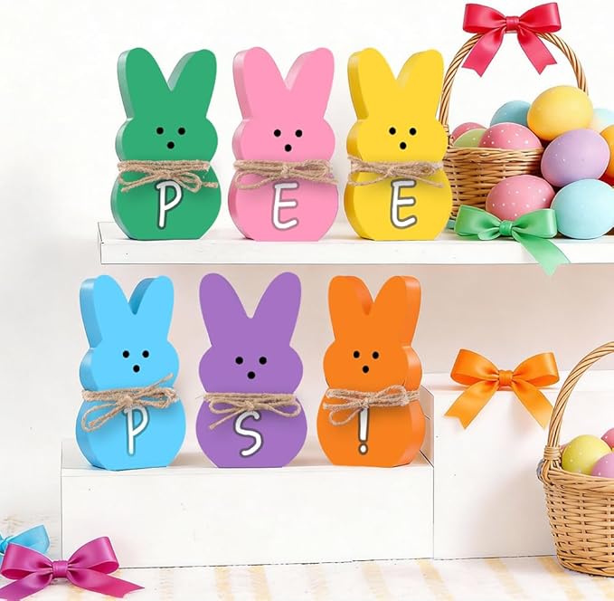 DIYDEC Easter Decorations for Home 6 Pcs Easter Bunny Table Decor Wooden Rabbit Table Signs with Jute Rope Freestanding Rabbit Decoration for Tiered Tray Mantel Shelf Office Easter Party Supplies