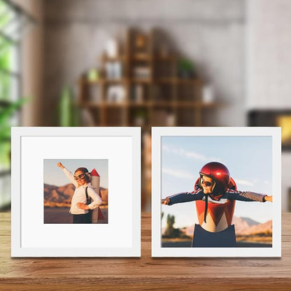 10x10 Picture Frame Set of 9, Display Pictures 8x8 with Mat or 10x10 without Mat, Multi Collage Gallery Square Photo Frames for Wall or Tabletop, White