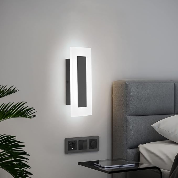 LMQNINE Modern LED Acrylic Black Wall Sconce White Light 6000K for Bedroom Corridor Stairs Bathroom Indoor Lighting Fixture Lamps Home Room Decor (2-Pack)…
