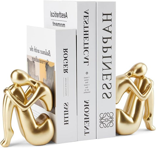 Gold Bookends Book Ends, Unique Decorative Girl Thinker Design,Non-Slip Home Office Bookshelf Decor, Modern Book Holder for Shelves, Heavy Duty Resin Book Stopper for Books,1Pair/2Piece