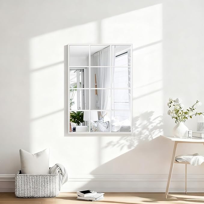 White Rectangle Mirror, Metal Framed Wall Mounted Mirror Modern Window Hanging Mirrors for Bedroom Living Room Fireplace 18x26 Inch Decor