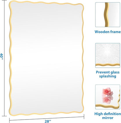 Gold Wavy Bathroom Mirror 28" x 40" Rectangle Scalloped Mirror for Wall Decor, Bathroom Vanity, Bedroom, Living Room, Entryway