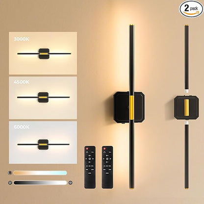 Battery Operated Wall Sconces Set of 2, Detachable 360°Rotate Wall Lamps, 3000-6500K Dimmable with Remote Control, 10000mAh Rechargeable Wall Light for Bedroom, Living Room, 28.3" Black Gold