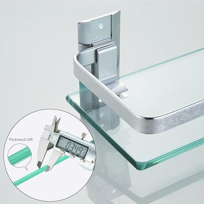 AIJALY 2 Pack Bathroom Glass Shelf,15.7 Inches Silver Bathroom Shower Glass Shelf Wall-Mounted, Metal Storage Floating Kitchen Shelf