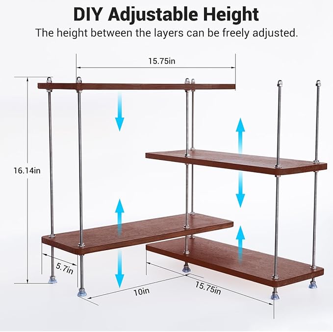 VINIUSIKI DIY Hight-Adjustable 4 Tier L-Shaped Countertop Shelf Organizer, Kitchen Spice Rack for Countertop, Wood Coffee Counter Shelf Organizer for Home - 15.7