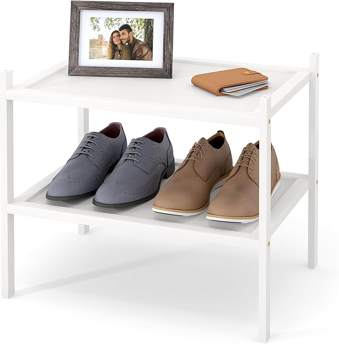 Smiry Bamboo Small Shoe Rack, 2 Tier Shoe Organizer for Entryway & Closet, Stackable Free Standing Storage Shelf for Shoes, Bags & Plants, White