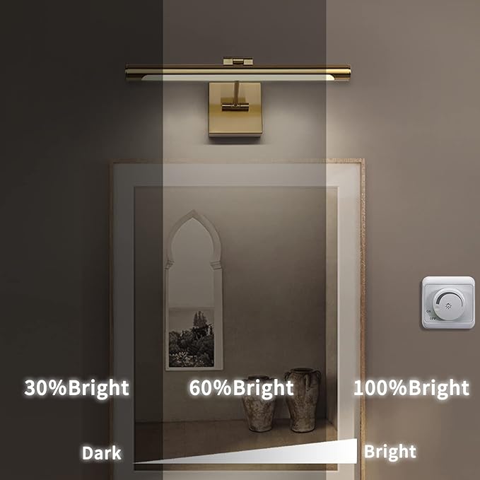 Joosenhouse LED Picture Light Fixtures Dimmable 16.53" Inch Modern Metal Artwork Hallway Lamps with Single Swing Arm, 7W (50W Eqv.), Hardwired Connection, Warm White, CRI80+, Golden-Like Brass Finish