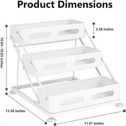 3 Tier Foldable Spice Rack for Countertop Iron Kitchen Seasoning Organizer for Cabinet, White