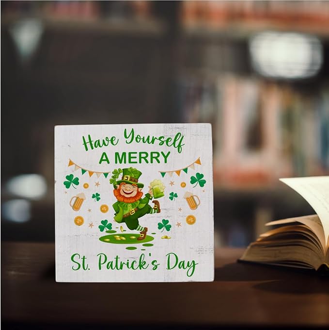 Have Yourself A MERRY St. Patrick's Day Wooden Box Sign, Green Lucky Clover Little Elf Gold Coins Desk Decorate, Spring Decor, Home Desk Shelf Decor 5.1 x 5.1 Inches