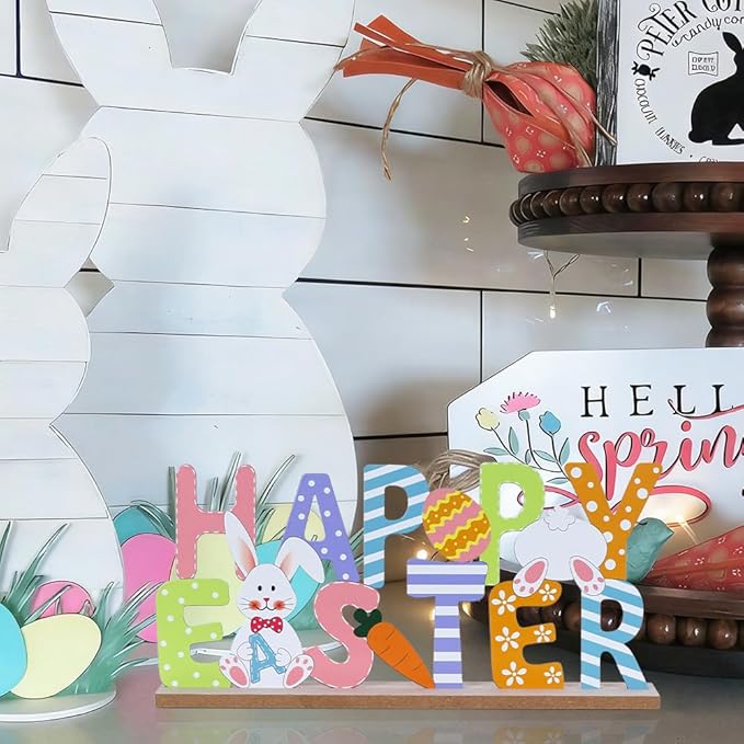 Easter Decorations, MEETYAMOR Wood Metal Happy Easter Sign for Table Decor, Farmhouse Rustic Easter Bunny Decorations for Home, Living Room, Mantel, Shelf