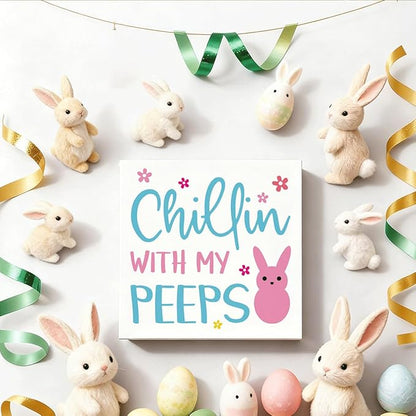 Easter Decorations for Home Chillin With My Peeps Wooden Sign, Funny Bunny Spring Porch Decor, Easter Desk Table Decorations, Farmhouse Front Door Wall Plaque, Holiday Party Supplies