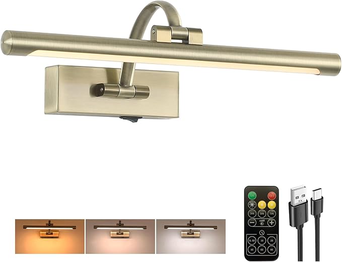 LED Picture Lights for Wall Rechargeable, Battery Operated Art Light for Paintings Wireless,15.7inch Antique Bronze Gallery Light for Artwork
