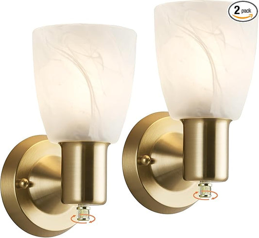 Wall Sconces Set of 2, Gold Vanity Lights for Bathroom, Modern Wall Light Fixtures with Rotary Switch, Wall Mount Light with Frosted Glass, Farmhouse Lamp for Bedroom Living Room