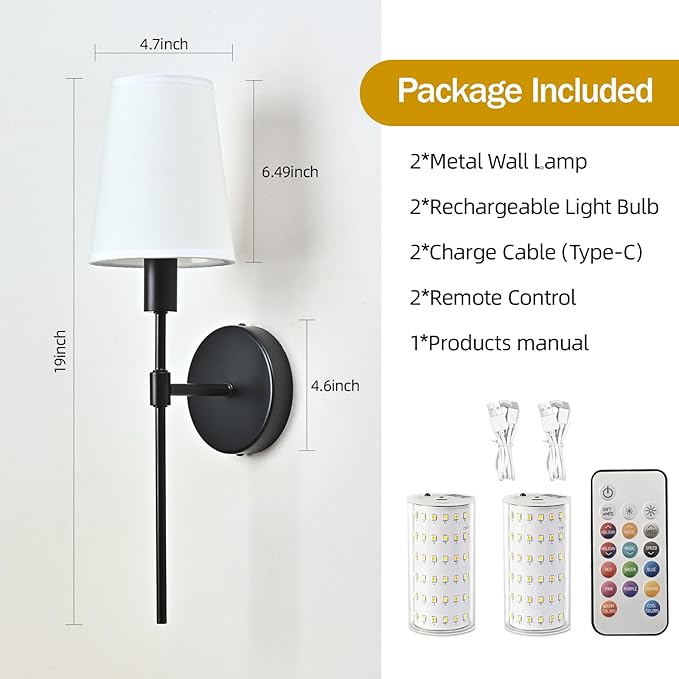 Battery Operated Wall Sconce Set of 2, Rechargeable Wall Lights with 2 * 52000mAh Magnetic Battery Bulbs, 18 RGB Colors, Dimmable Wireless Sconces for Bedroom Living Room Hallway