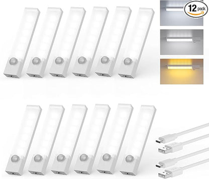 Under Cabinet Lights 4-Inch 12-Pack, USB Rechargeable Motion Sensor Light Indoor 3 Colors, Dimmable Closet Lights Battery Operated, Wireless Under Counter Lights for Kitchen, Shelf