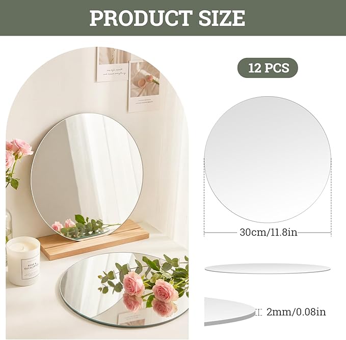 SUREAM Table Mirrors for Centerpieces, 12 Inch Round Mirror Centerpieces for Tables, Circle Candle Plates for Table Centerpieces Wedding Party Decorations(Set of 12, 2mm Thick)