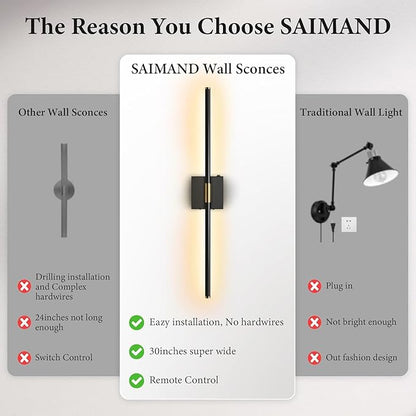 Wall Sconces Set of 2 Battery Operated, Wireless USB Rechargeable Wall Lights with Remote Control, 360° Rotation, 8000mAh LED Dimmable Picture Lamp for Living Room,Bedroom,Hallway (30in Black)
