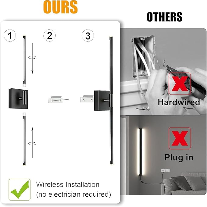 Wall Sconces Set of 2 Battery Operated, Wireless USB 8000mAh Rechargeable Wall Lights with Remote Control,3000K-6000K LED Dimmable Decor Lamp for Living Room,Bedroom,Hallway (27in Black)