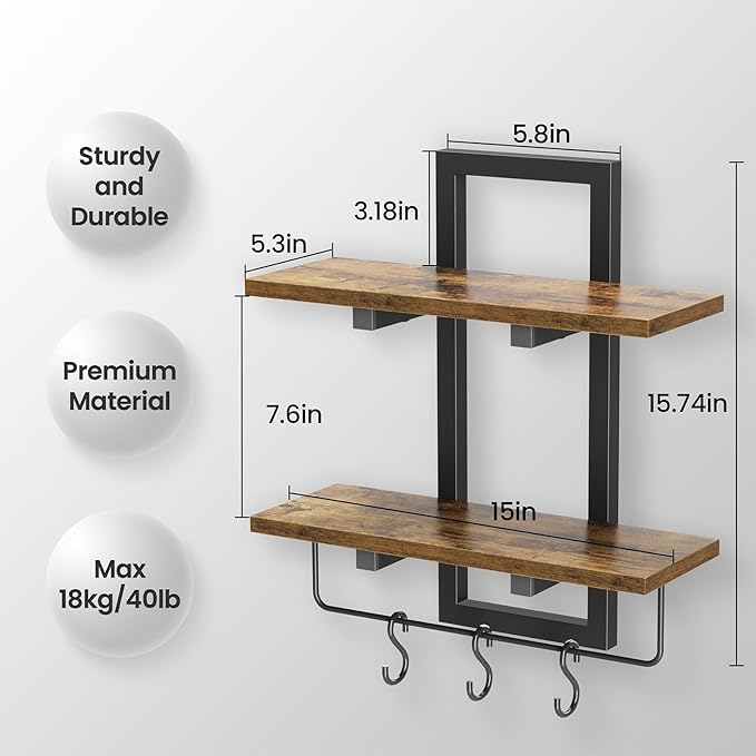 Floating Shelves for Wall Set of 2, Wood Wall Shelf with 6 Hooks, 2 Tier Hanging Decorative Storage Shelves for Living Room Bedroom Bathroom Kitchen Office Coffee Bar, Rustic Brown