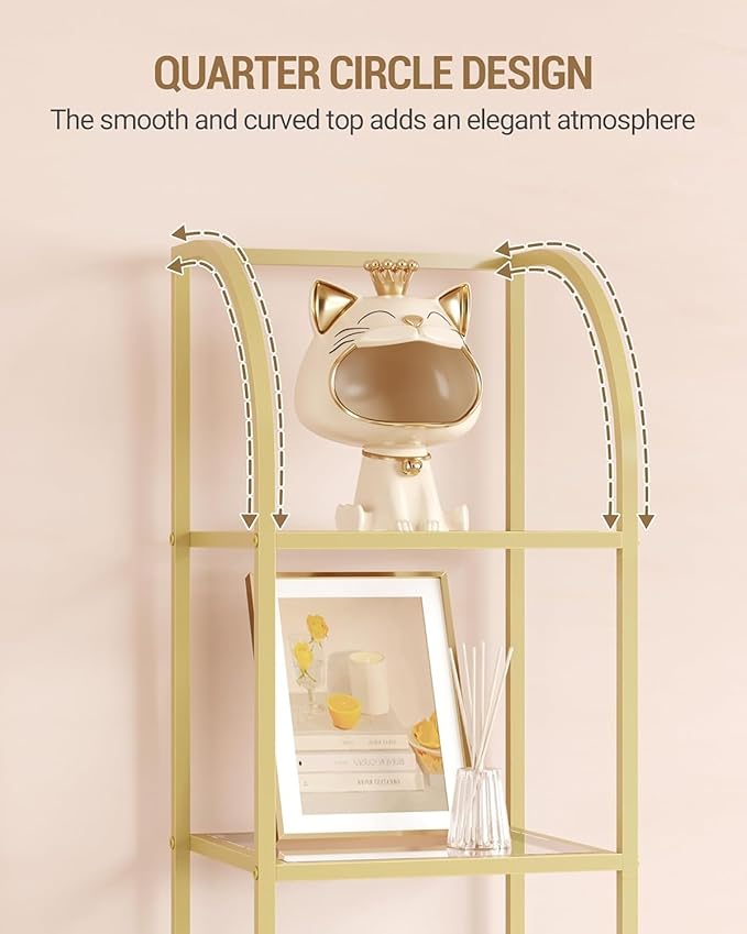 Bookcase Bookshelf, Tempered Glass Arched Bookshelf for More Storage, Slim Shelving Unit for Bedroom, Bathroom, Home Office, Steel Frame, 5 Tier Gold BC20599G
