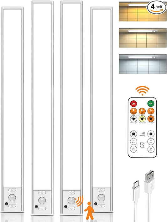 16inch Under Cabinet Lights, LED Motion Sensor Light Indoor, 4000mAh Rechargeable Closet Light with Remote, 3 Color Temps, Magnetic, Wireless Under Counter Lights for Kitchen, Stairs, Pantry, 4 Pack