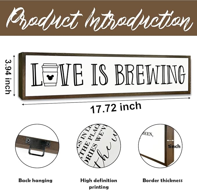 Coffee Decor Sign, Love Signs for Home Kitchen Decor, Coffee Station Decors for Wall, Cafe Decoration, Rustic Wooden Hanging Signs, Love is Brewing Sign, 17.8x4x1.2 inches