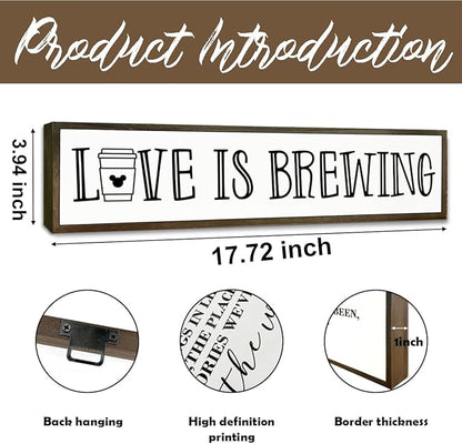Coffee Decor Sign, Love Signs for Home Kitchen Decor, Coffee Station Decors for Wall, Cafe Decoration, Rustic Wooden Hanging Signs, Love is Brewing Sign, 17.8x4x1.2 inches