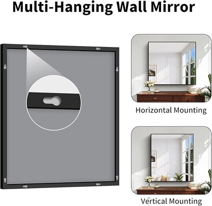 Koonmi Black Framed Bathroom Mirror - Shatterproof 36"x40" Tempered Glass, HD No Distortion, Horizontal/Vertical Mount, Modern Matte Aluminum Alloy Frame
