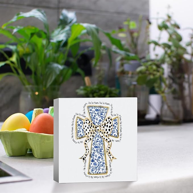 He Is Risen Sign Easter Religious Decorations Christian Easter Decor Blue And White Chinoiserie Decor Wooden Box Sign for Home Office Bedroom Living Room Desk Shelves