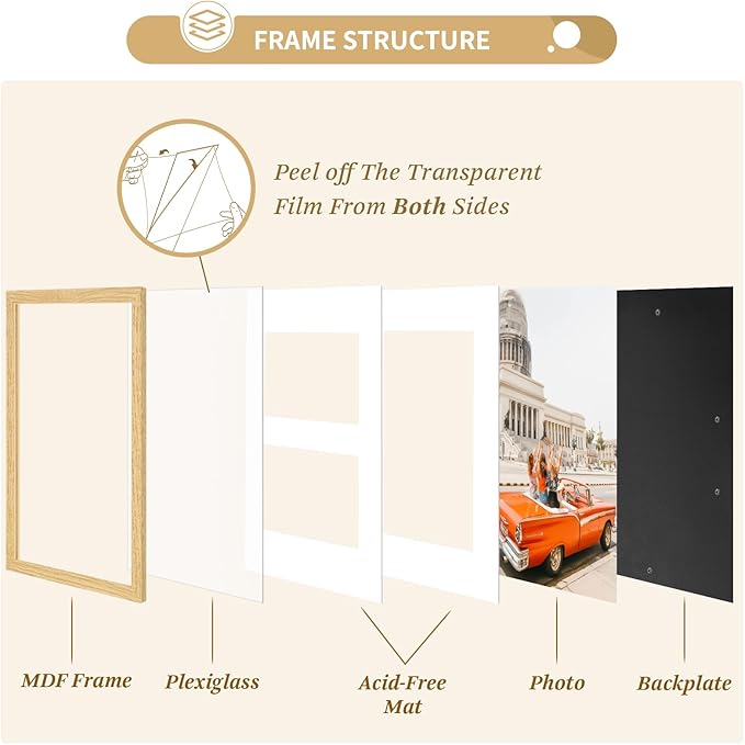 ATOBART 11x14 Picture Frame Set of 4,8x10 with Mat or 11x14 Without Mat with Perspex Glass Vertical or Horizontal Tabletop Display, Paintings, Posters, Artwork, Birthday Christmas Gift