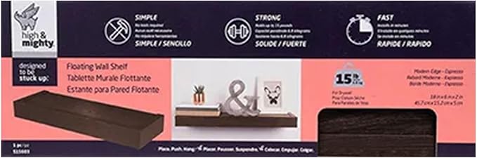 Four Seasons Courtyard 18 Inch Modern Flat Edge Dry Wall Installation Floating Storage Shelf, 15 Pound Weight Capacity Plastic Ledge, 2 Pack, Espresso