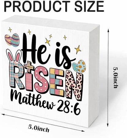 Christian Easter Decor He Is Risen Matthew 28:6 Wooden Sign, Religious Bible Verse Bunny Cross Design, Rustic Farmhouse Easter Desk Decorations for Home Living Room Shelf Plaque