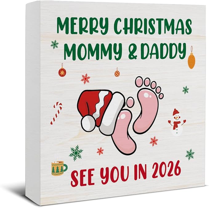 Christmas Decor, Merry Christmas Mommy and Daddy See You in 2026 Decorations, Baby Shower Wooden Sign Rustic Home Decor 5 x 5 Inches