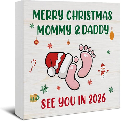 Christmas Decor, Merry Christmas Mommy and Daddy See You in 2026 Decorations, Baby Shower Wooden Sign Rustic Home Decor 5 x 5 Inches