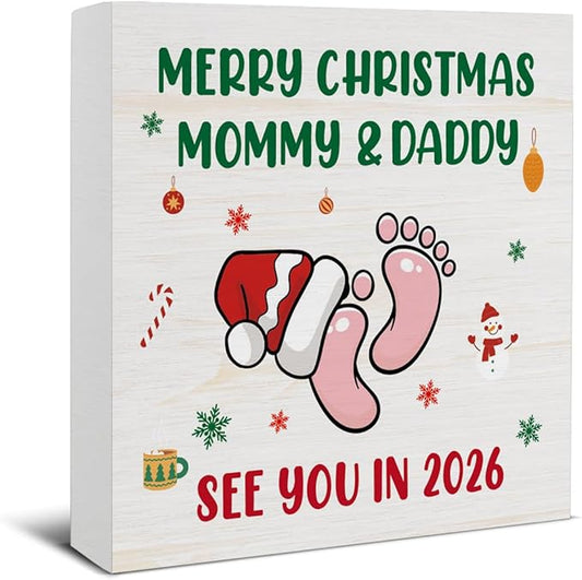 Christmas Decor, Merry Christmas Mommy and Daddy See You in 2026 Decorations, Baby Shower Wooden Sign Rustic Home Decor 5 x 5 Inches