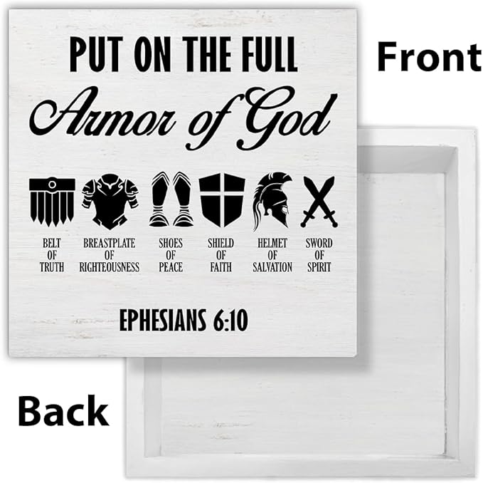 Put on the Full Armor of God Sign Christian Desk Decor Farmhouse Ephesians 6:10 Christian Wooden Sign Decorations for Home Office Desk Shelf Table 5 x 5 Inches, Religious Gifts for Women Men