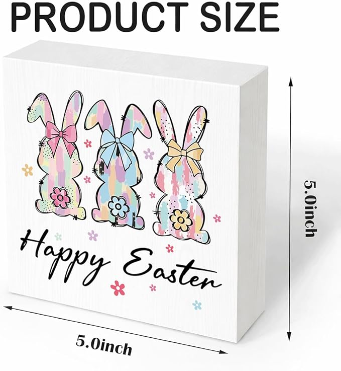 Easter Desk Decorations Happy Easter Wooden Sign, Spring Bunny Farmhouse Tabletop Decor, Easters Holiday Shelf Plaque for Home Office Kitchen 5x5 Inch