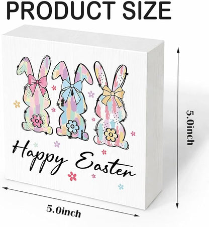 Easter Desk Decorations Happy Easter Wooden Sign, Spring Bunny Farmhouse Tabletop Decor, Easters Holiday Shelf Plaque for Home Office Kitchen 5x5 Inch